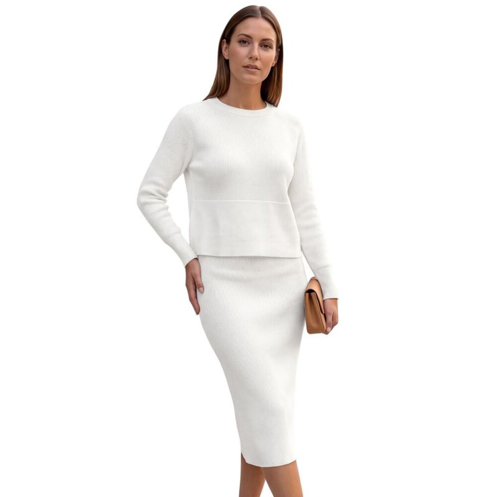 Womens 2 Piece Ribbed Knit Crop Top and Maxi Skirt Set White